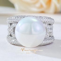 Cluster Rings Vinregem 12MM Pearl High Carbon Diamond Gemstone Elegant Ring For Women 925 Sterling Silver Wedding Party Jewellery