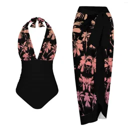 Women's Swimwear Floral Print Luxury Beachwear 2024 Fashion Women Summer Hanging Neck Straps Swimsuit And Cover-Ups Bathing Suits