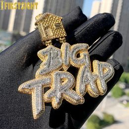 Iced Out Bling Hip Hop Cursive Letter Big Trap Pendant Necklace CZ Cubic Zirconia House Charm Men Women Fashion Jewelry 240226