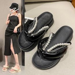 Slippers Fashion Chain Women Flats Slides Outdoor Flip Flops Casual Sandals Summer Shoes 2024 Brand Pearl Sandalias