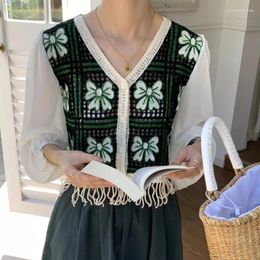 Women's T Shirts Crochet Button Up Cardigan Women Embroidery Bowknot Puff Sleeve Tassel Blouses