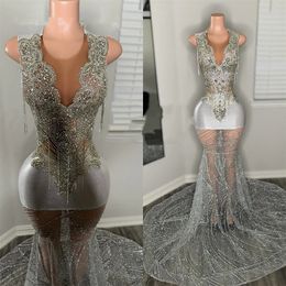 Sier O Neck Long Prom Dress For Black Girls 2024 Beaded Crystal Diamond Birthday Party Dresses Evening Gowns Tassel Robe De Ba Es Es Es es