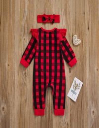 Jumpsuits Baby Girls Children039s Christmas Jumpsuit With Headband Long Sleeve Red Plaid Hairband For Toddlers Gift8414318