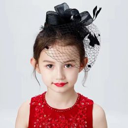 Sets Baby Girl Vintage Flower Mesh Feather Hair Clip Child Fascinator Top Hat Clips Party Wedding Costume Tail Headwears