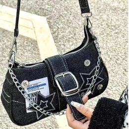 Y2k Fashion Womens Handbags Stars Pattern Cool Girls Underarm Bag Vintage Canvas Female Small Shoulder Bags Chain Tote Purses 240227