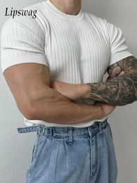 Men's T-Shirts Fashionable mens T-shirt knitted short sleeved O-neck ribbed T-shirt fashionable solid Colour elastic slim fit mens bottom tee top J240228