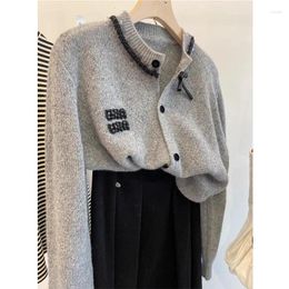 Women's Knits Korean Vintage Diamond Beading Wool Knitted Cardigan Sweater For Women 2024 Spring Plaid Lazy Style Jacket X688