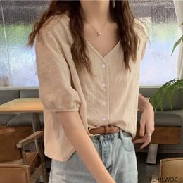 Women's Blouses Cute Chic Tops Summer Date Girl Korean Fashion Clothing Design Vintage V Neck Button Preppy Style Lolita Shirt
