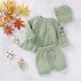 Sets Baby Clothing Set Knitted Solid Newborn Boy Girl Sweater Long Sleeve +Shorts +Hat Fashion Ruffles Infant Toddler Pullover +Pants