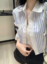 Women's Blouses & Shirts designer 24 Exclusive Blue and White Stripe Contrast Shirt 218 O1UW