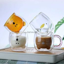 Mugs Double Glass Cup Qute Coffee Mug Bear Cat Dog Animal Transparent Cute Milk Juice Tea Drinking Cups Birthday Party Wine GlassesL2402