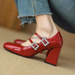 Dress Shoes Women Pumps 8 cm Mary Jane Shoes French Style Two Straps Elegant Crystals Spring Atumn Pumps Patent Leather Lady ShoesH24228