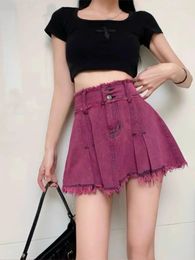 Skirts American Sweet Girl High Waist Denim Short Skirt Women's Spring/Summer Double Button Plush Edge Washed A-line Mini