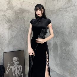 Goth Dark Romantic Gothic Velvet Aesthetic Dresses Vintage Women Black Bandage SlitHem Bodycon Dress Sexy Evening Wear Cheongsam 240220