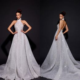 Elegantes A-Linie-Hochzeitskleid für Frauen mit Neckholder, ärmellos, rückenfrei, Brautkleider mit Pailletten, Sweep-Zug-Kleid nach Maß, Vestidos de Novia