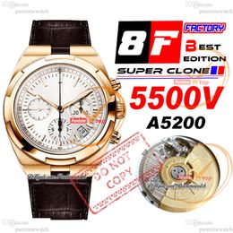 8F Overseas 5500V A5200 Automatic Chronograph Mens Watch 42.5mm Rose Gold Silver Stick Dial Brown Leather Strap Super Edition Watches Puretimewatch Reloj Hombre