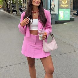 Girls Sweet Pink Loose Crop Blazer Suit Spring Woman Basic Solid Button Blazers Suits Female Aline Mini Skirt Sets 240226