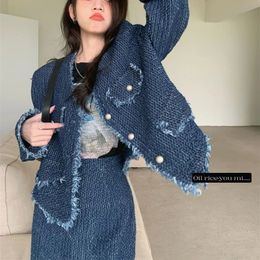 Vintage Denim Suit Women Two Piece Set Blue Fringe Edge Jeans Jacket Top Package Hip Long Skirt Suits Casual Fashion Y2K Outfits 240226