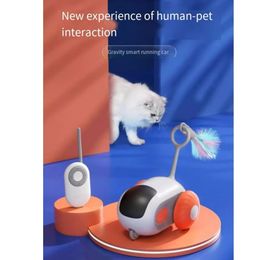 Smart Usb Rechargeable Chasing Electric Automatic Moving Remote Control Interactive Pet Cat Toy Feather Rotating Car for Kitten 240226