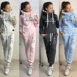 Women's Two Piece Pants Two Piece Set Tracksuit Women Autumn Spring Hooded Hoodies and Pants Love Heart Pullover Sweatshirts Suit Casual Female Clothes T240228