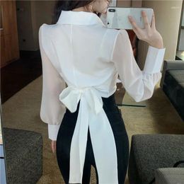 Women's Blouses Womens Crop Tops 2024 Blusas Mujer De Moda V-neck Bandage Bow Slim Waist Chiffon Korean Elegant White Shirt
