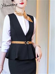 Kadın Suits Yitimuceng İnce Blazers Yelek Kadınlar İçin 2024 Moda Zarif Ofis Bayanlar Günlük Şık kolsuz katlar v Boyun Kemeri Ceketler