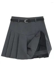 Skirts Chic Pleated For Women High Waisted Grey Black Fashion Solid Mini Spring Summer A Line Skirt With Belt Streetwear