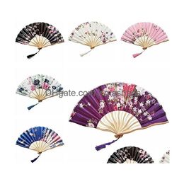 Chinese Style Products Vintage Silk Folding Fan Retro Japanese Bamboo Tassel Dance Hand Home Decoration Ornament Craft Gift Drop Del Dhnb9