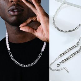 Hiphop Half 7mm Miami Cuban Link Chain And Half 8mm Pearls Choker Necklace For Men And Women In Stainless Steel JewelryQ0115166M