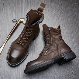 Boots British Genuine Leather Motorcycle Male Trendy High-top Casual Lace-up Work Shoes Botines Hombre Combat Military 3A