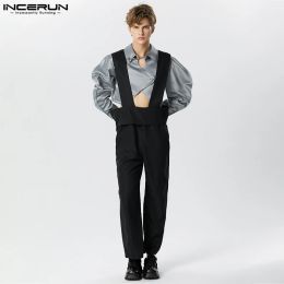 Pants INCERUN 2023 Men Jumpsuits Solid Colour Loose Streetwear Casual Straps Rompers Fashion Leisure Bib Pants Male Overalls Plus Size