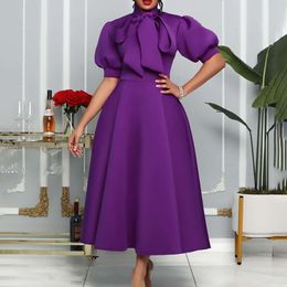 D235 Large Women's Summer New Bowtie Celebrity Solid Colour Banquet Short Sleeve Dress