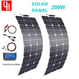 Solar Solar Panel Flexible 100w 200w with 10A/20A Solar Regulator Cable for 12V Battery Charger Outdoor Solar System for Home Complete