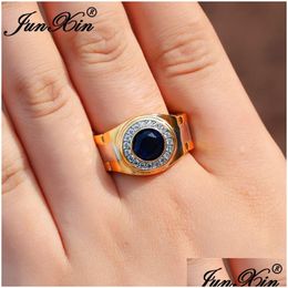 Band Rings Mens Round Blue Stone Wedding Rings For Men Women Yellow Gold Colour Promise Engagement Ring Male Boho Zircon Jewellery Cz Dr Dh7Dr