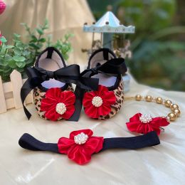 Outdoor 3 Sets Dollbling Leopard Baby Girl Crib Shoes Headband Pearls Pacifier Chain Newborn Infant Sparkly Ballet First Walkers Shoes