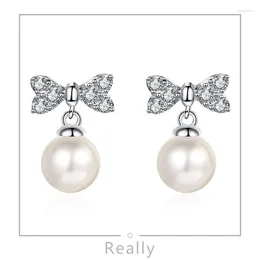 Stud Earrings Really True D White Gold Moissanite Bow Pearl Sparkling For Ladies S925 Sterling Silver Luxury High Quality Jewellery 524