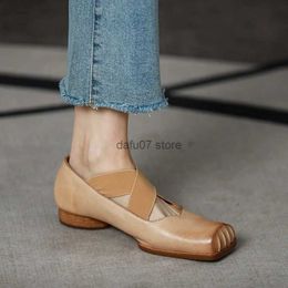 Dress Shoes French Style Ladies Ballet Shoes Cross-Tied Apricot Shoes Woman Cowhide Flats Slip On Vintage Women Flats Pleated SquareToeH24228