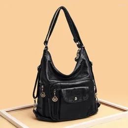 School Bags Female Vintage Black Backpack Large Multi Pocket Multifunction Ladies Handbags Pu Leather Motorcycle Style Women's Shoulder