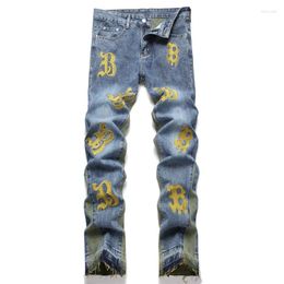 Men's Jeans Classic Blue Green Patchwork Letter Embroidery Baggy Men Bootcut Pants Streetwear Straight Loose Vintage Denim Trousers