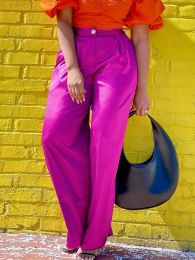 Pants Women Pants High Waist Shiny Wide Leg Elegant Casual Trousers with Zipper Elastic Waist Female African Fashion Office Business