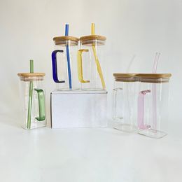 Recyclable 13.5oz 400ml clear square glass mug high borosilicate glass cups with Colourful glass straw for Water, Wine, Beer, Cocktails and Mixed Drinks