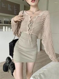 Work Dresses Two Piece Dress Women Summer Spicy Girl Lace Up Hollow Out Knitted Long Sleeve Top Hanging Strap Wrap Hip Sexy Set