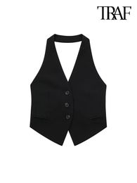 트래프 여성 패션 등이없는 고삐 목 양복 조끼 섹시한 소매 소매 소매 버튼 upemal auterwear chic vest tops 240228