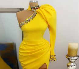 2022 Yellow White Long Sleeve Satin Cocktail Dresses High Neck One Shoulder Crystal Slit Party Sheath Vestidos De Gala Formal Prom4753432