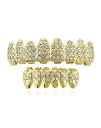 New Rhinestone Iced Out Gold Teeth Grills Top Bottom Grills Halloween Hiphop Tooth Grilz Cosplay Teeth Caps Jewelry1538870