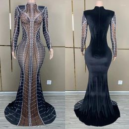 Stage Wear Sparkly Black Velvet Rhinestones Evening Dresses Women Party Celebrate Dress Wedding Costume Performance Outfit XS7454