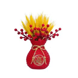 Wealth Lucky Blessing Bag Gold Wheat Ears Dried Flower Living Room Decoration Emulated Bundle Home Gift Resin Vase 240220