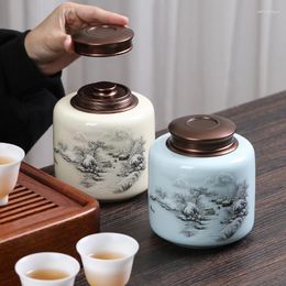 Storage Bottles Classical Ceramic Tea Box With Metal Lid Candy Jar Mountain Water Sealed Household Nuts Coffee Bean Container