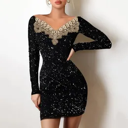 Casual Dresses Fashion Glitter Lace Splicing Dress Women Sexy V Neck Mini Slim Robe Long Sleeve Party Vestidos Bodycon Evening Gown