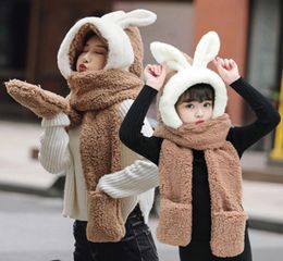 Winter Girl bib new onepiece hooded parentchild cute rabbit ears warm thick plush scarf gloves hat threepiece hat scarf gloves2539513